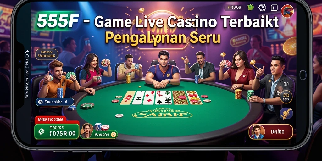 Screenshot gameplay 555F yang menampilkan dealer dan suasana kasino langsung.