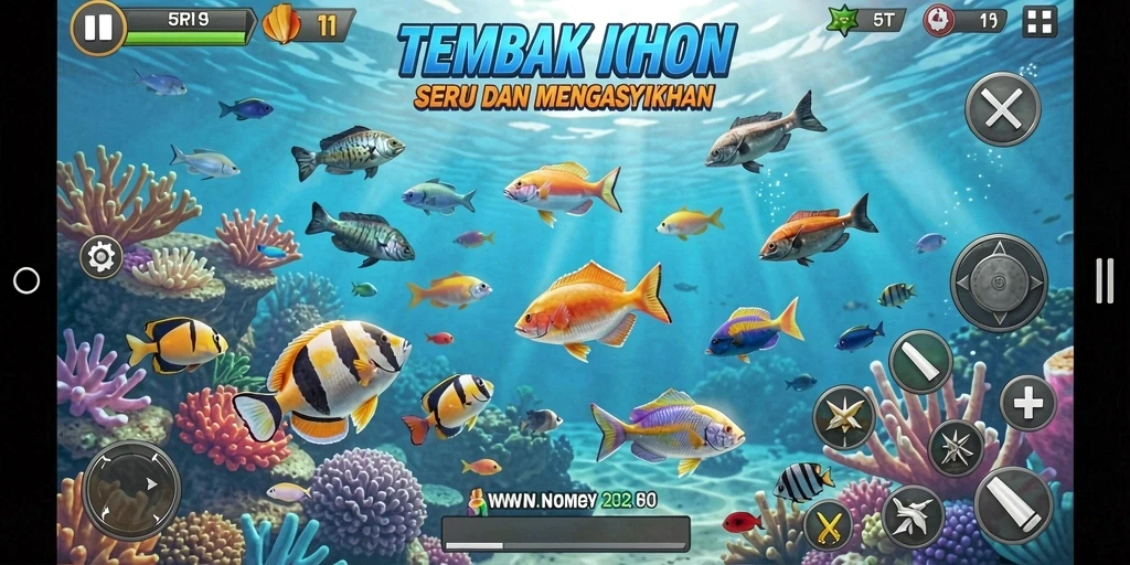 Gameplay menarik di 5RT dengan berbagai ikan berwarna-warni.