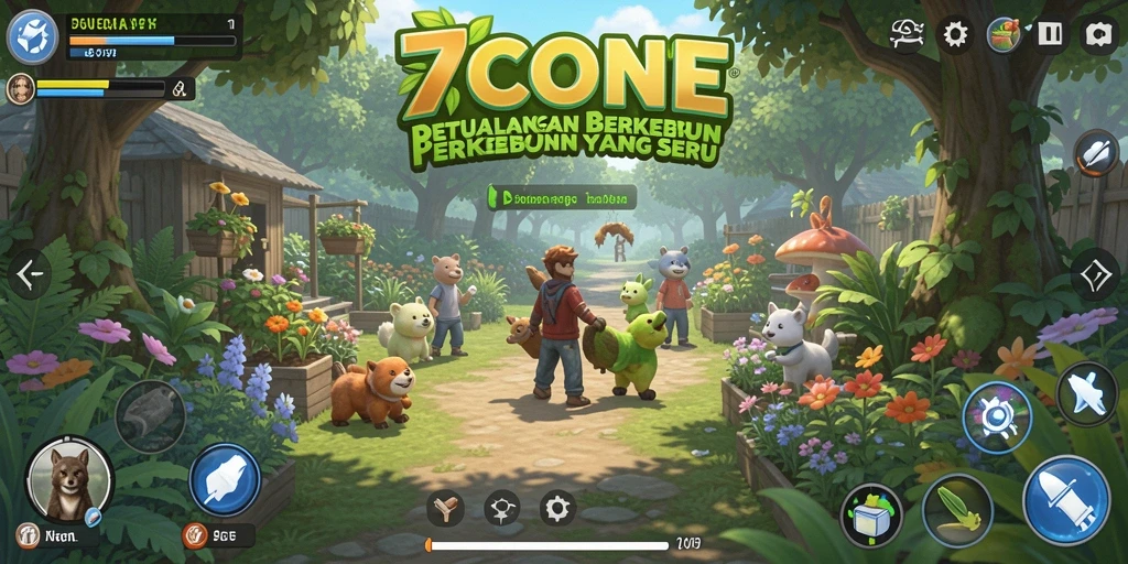 Tampilan gameplay 7CONE yang menampilkan kebun yang subur.