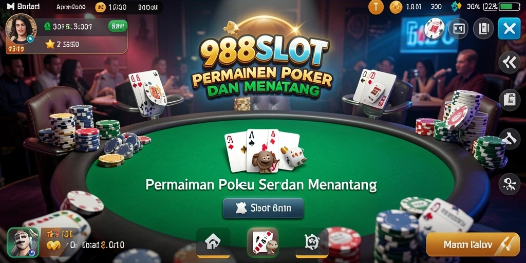 Screenshot gameplay 988SLOT menampilkan suasana poker yang menegangkan.