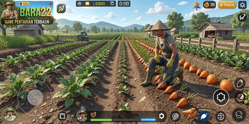 Tampilan gameplay BARA22 dengan aktivitas pertanian yang seru.