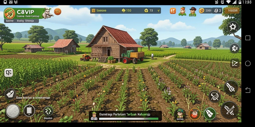 Tangkapan layar gameplay C8VIP menampilkan aktivitas pertanian yang seru.
