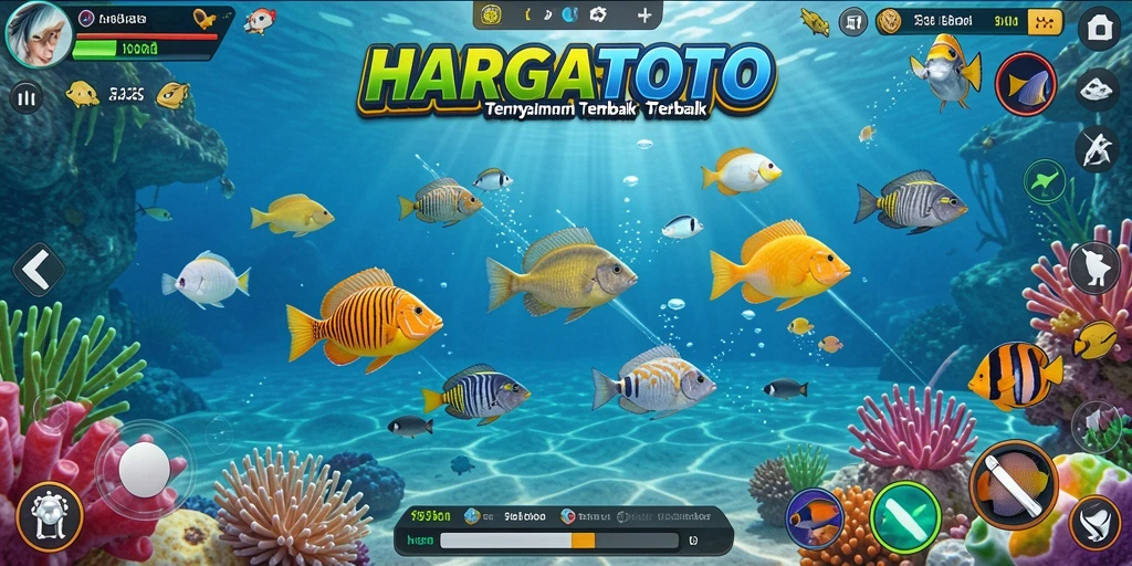 Tampilan gameplay HARGATOTO yang menggambarkan aksi menangkap ikan.