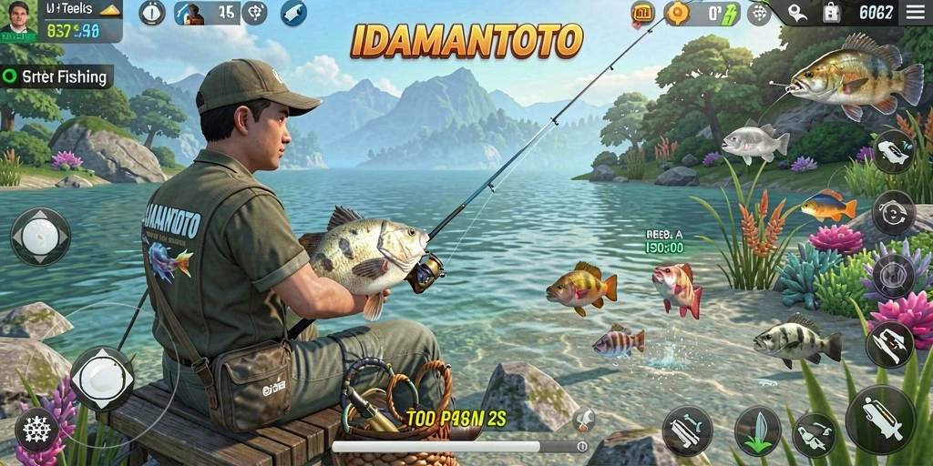 Tampilan gameplay menarik dari IDAMANTOTO saat memancing di danau yang indah.