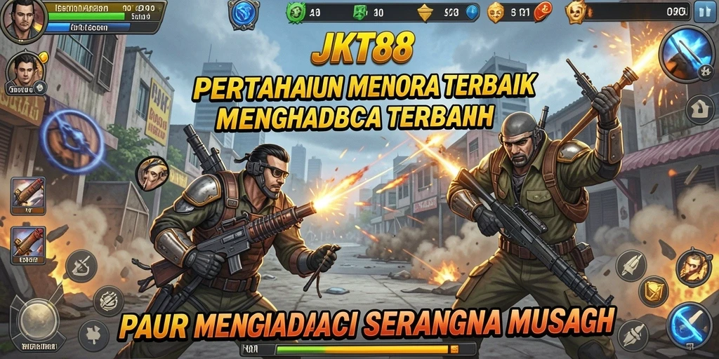 Tampilan gameplay menegangkan pada JKT88 dengan aksi menara Tower Defense.