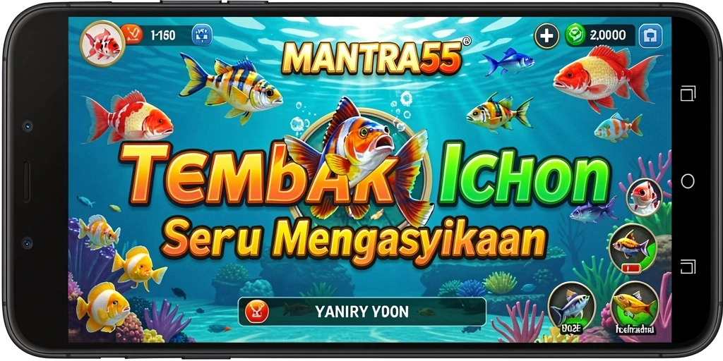 Screenshot gameplay MANTRA55 menampilkan aksi seru menembak ikan.