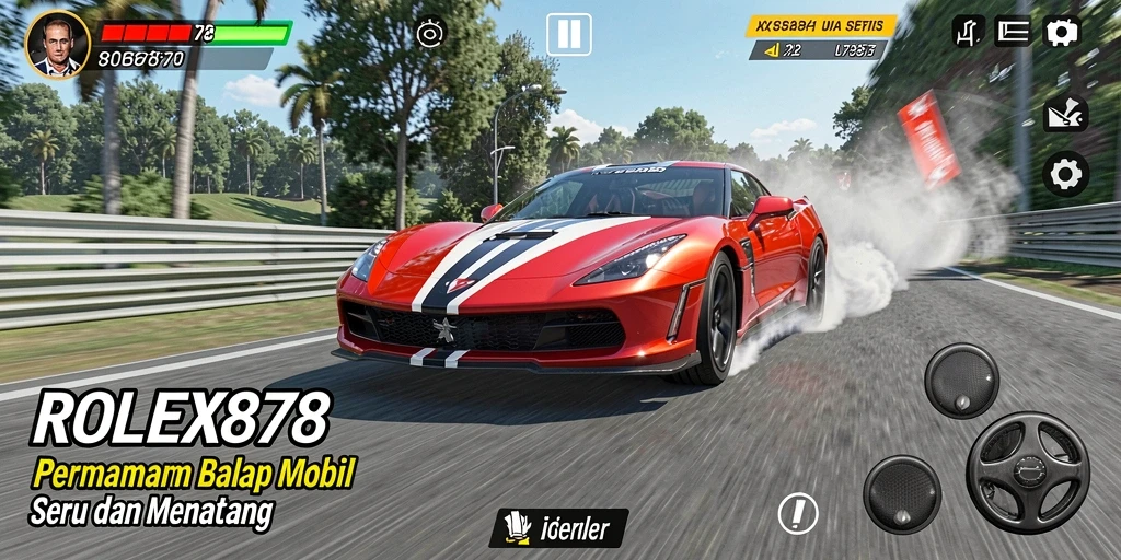 Gameplay seru di ROLEX878 dengan mobil balap beraksi di lintasan.