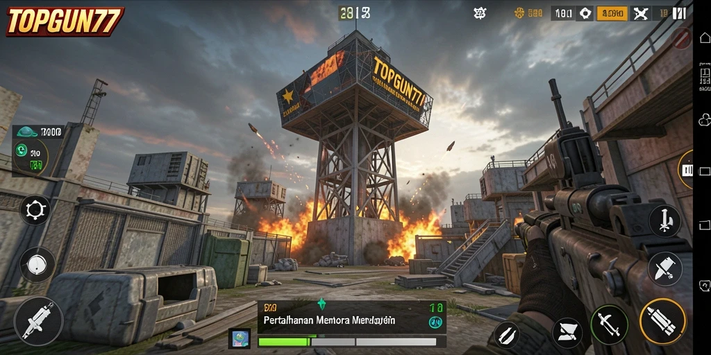 Tangkapan layar gameplay <strong>TOPGUN77</strong> dengan menara pertahanan yang strategis.