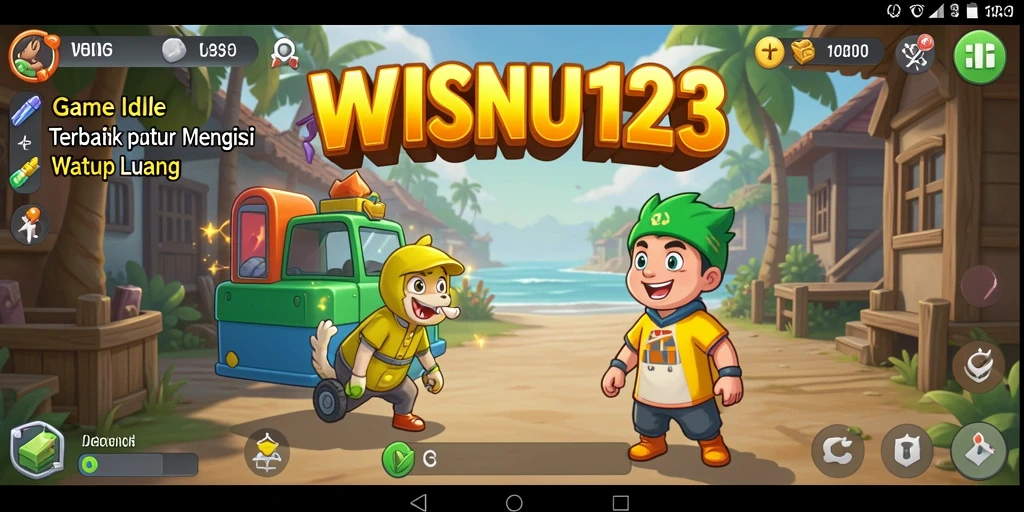 Tampilan gameplay <strong>WISNU123</strong> dengan banyak sumber daya dan karakter yang sedang berkembang.